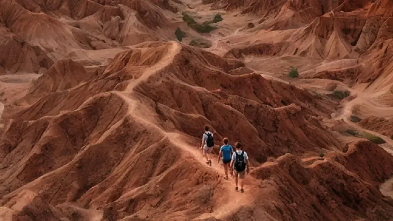 Viajeros caminando entre las cárcavas rojas del Desierto de la Tatacoa